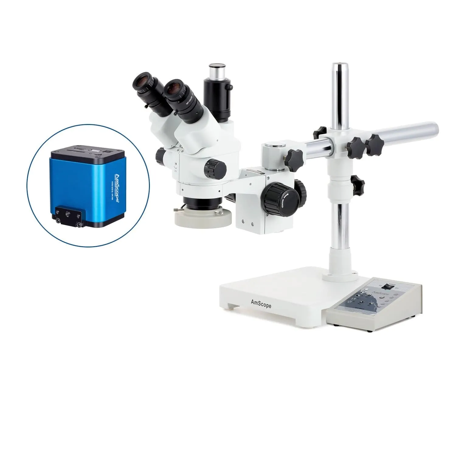 AmScope SM-3 Series Simul-Focal Lockable Zoom Trinocular Stereo Microscope with 80 LED Direction Variable Ring Light and HDMI Camera on Single Arm Boom Stand