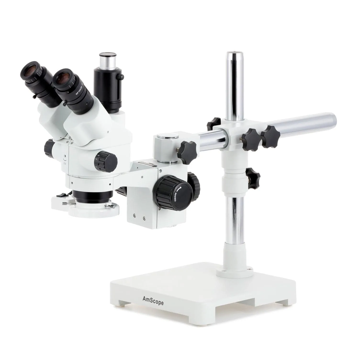 AmScope SM-3 Series Simul-Focal Lockable Zoom Trinocular Stereo Microscope with 8W Fluorescent Ring Light and HDMI Camera on Single Arm Boom Stand