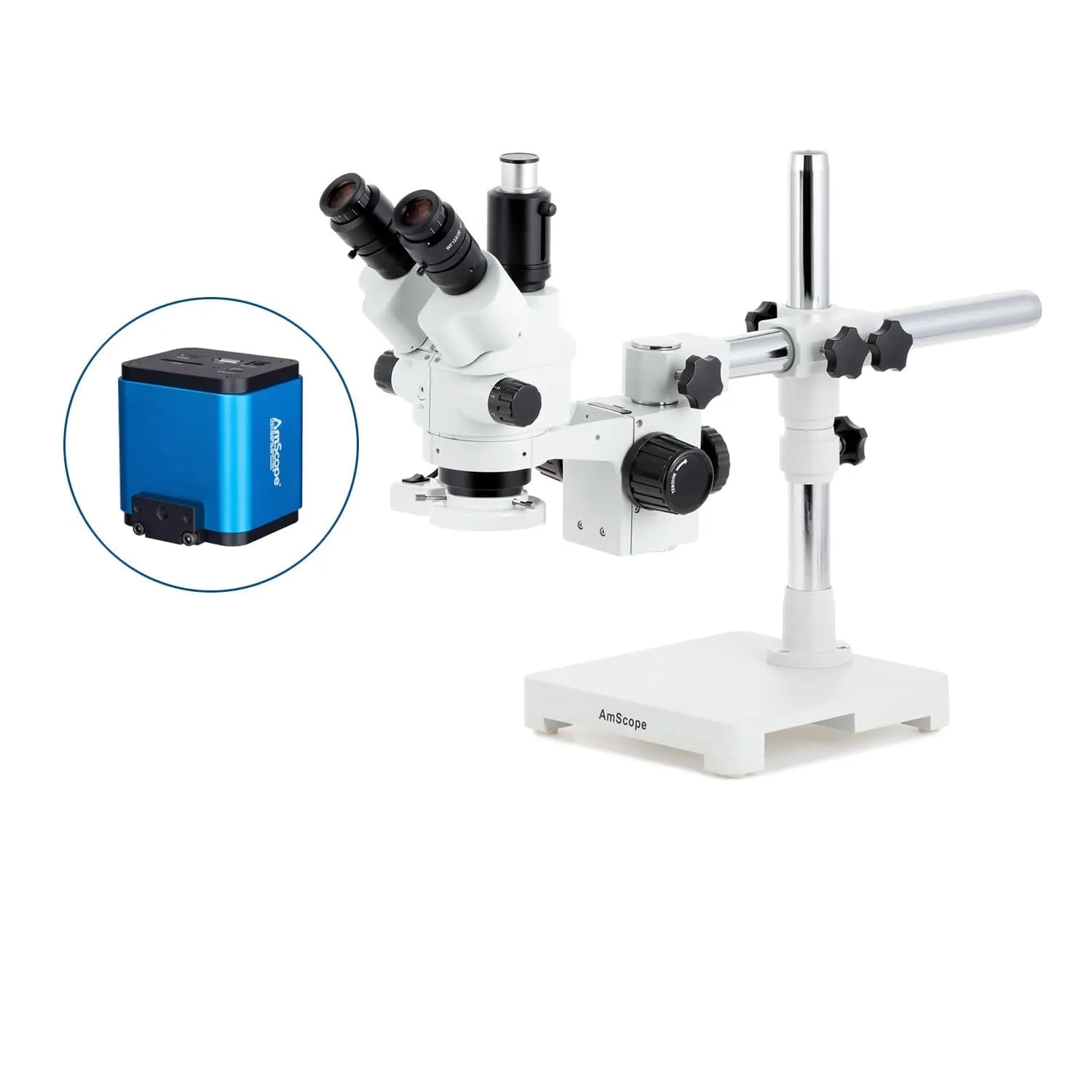 AmScope SM-3 Series Simul-Focal Lockable Zoom Trinocular Stereo Microscope with 8W Fluorescent Ring Light and HDMI Camera on Single Arm Boom Stand