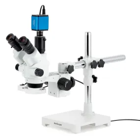 AmScope SM-3 Series Simul-Focal Lockable Zoom Trinocular Stereo Microscope with 8W Fluorescent Ring Light and HDMI Camera on Single Arm Boom Stand
