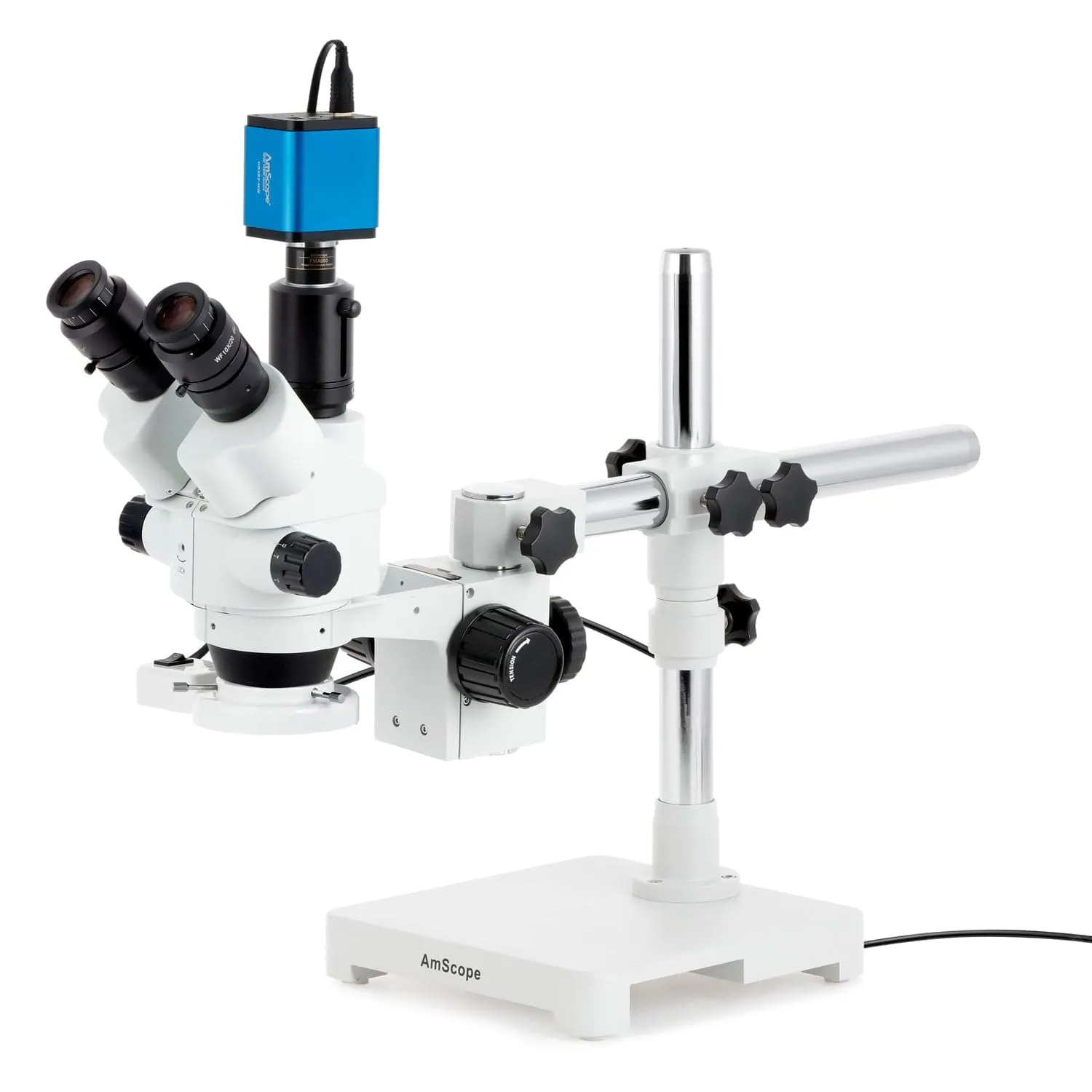 AmScope SM-3 Series Simul-Focal Lockable Zoom Trinocular Stereo Microscope with 8W Fluorescent Ring Light and HDMI Camera on Single Arm Boom Stand