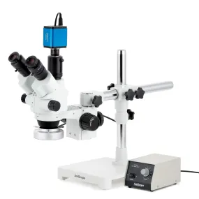 AmScope SM-3 Series Simul-Focal Lockable Zoom Trinocular Stereo Microscope with Heavy Duty 80 LED Ring Light and HDMI Camera on Single Arm Boom Stand