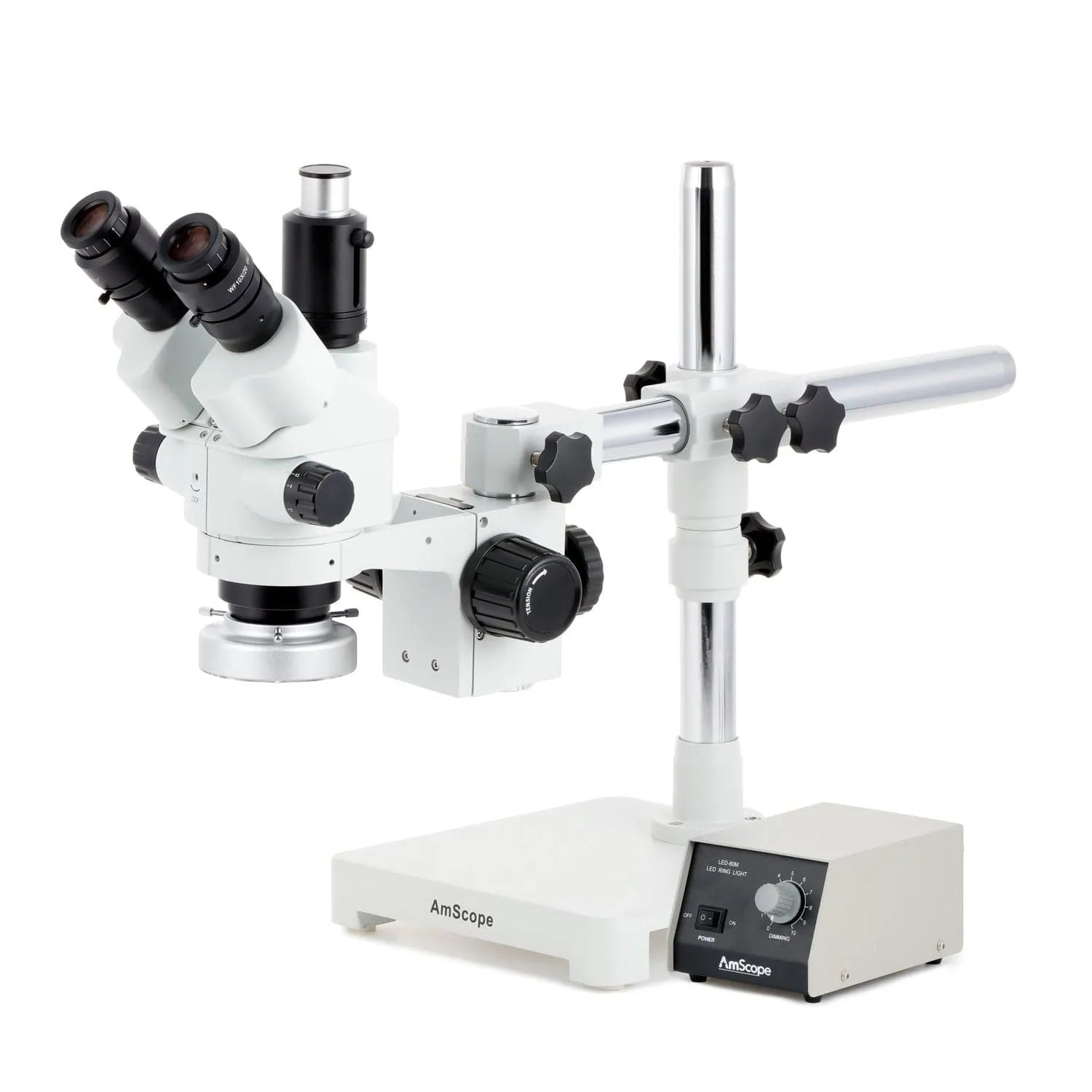 AmScope SM-3 Series Simul-Focal Lockable Zoom Trinocular Stereo Microscope with Heavy Duty 80 LED Ring Light and HDMI Camera on Single Arm Boom Stand