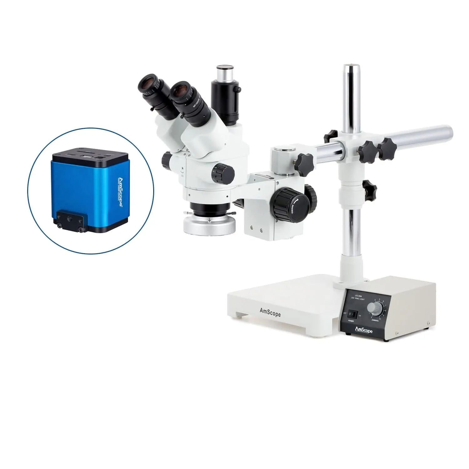 AmScope SM-3 Series Simul-Focal Lockable Zoom Trinocular Stereo Microscope with Heavy Duty 80 LED Ring Light and HDMI Camera on Single Arm Boom Stand