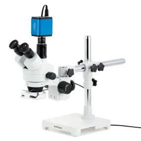 AmScope SM-3 Series Simul-Focal Zoom Trinocular Stereo Microscope with 64 LED Compact Ring Light and HDMI Camera on Single Arm Boom Stand