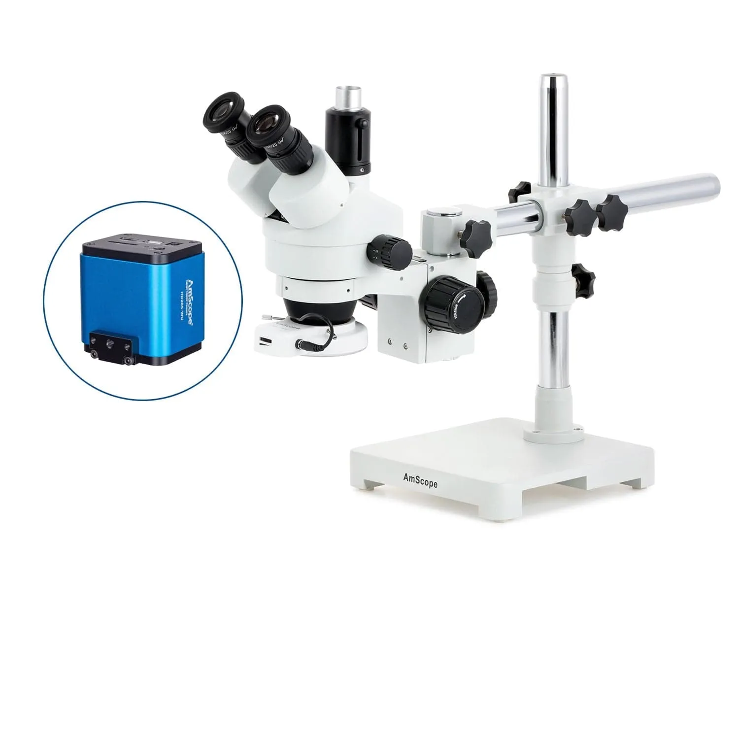 AmScope SM-3 Series Simul-Focal Zoom Trinocular Stereo Microscope with 64 LED Compact Ring Light and HDMI Camera on Single Arm Boom Stand