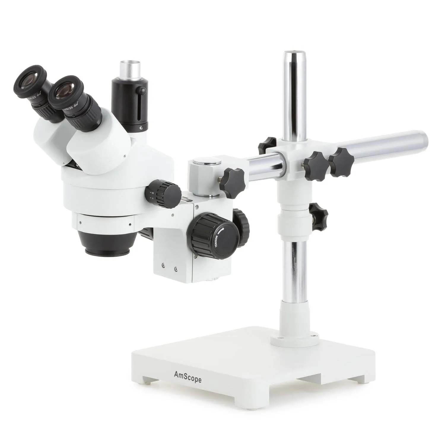 AmScope SM-3 Series Simul-Focal Zoom Trinocular Stereo Microscope with 64 LED Compact Ring Light and HDMI Camera on Single Arm Boom Stand