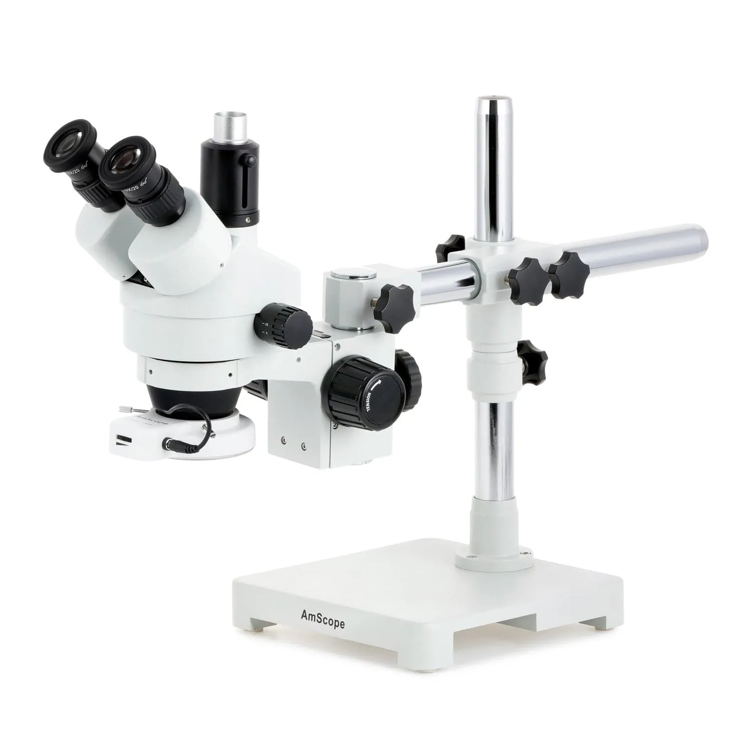 AmScope SM-3 Series Simul-Focal Zoom Trinocular Stereo Microscope with 64 LED Compact Ring Light and HDMI Camera on Single Arm Boom Stand