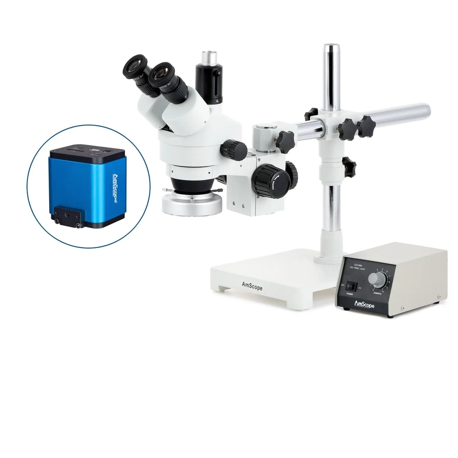 AmScope SM-3 Series Simul-Focal Zoom Trinocular Stereo Microscope with Heavy Duty 80 LED Ring Light and HDMI Camera on Single Arm Boom Stand