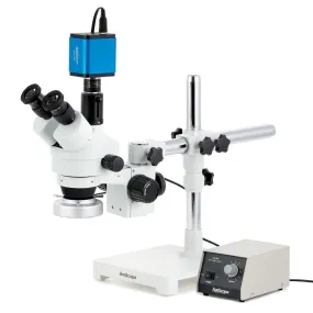 AmScope SM-3 Series Simul-Focal Zoom Trinocular Stereo Microscope with Heavy Duty 80 LED Ring Light and HDMI Camera on Single Arm Boom Stand