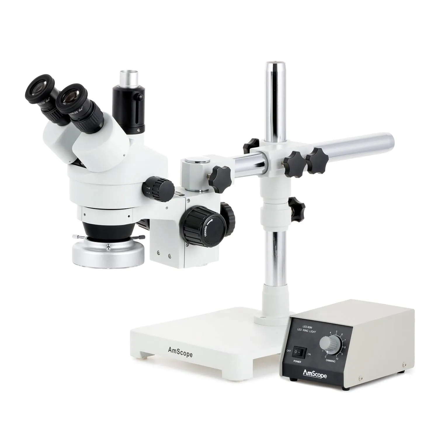 AmScope SM-3 Series Simul-Focal Zoom Trinocular Stereo Microscope with Heavy Duty 80 LED Ring Light and HDMI Camera on Single Arm Boom Stand