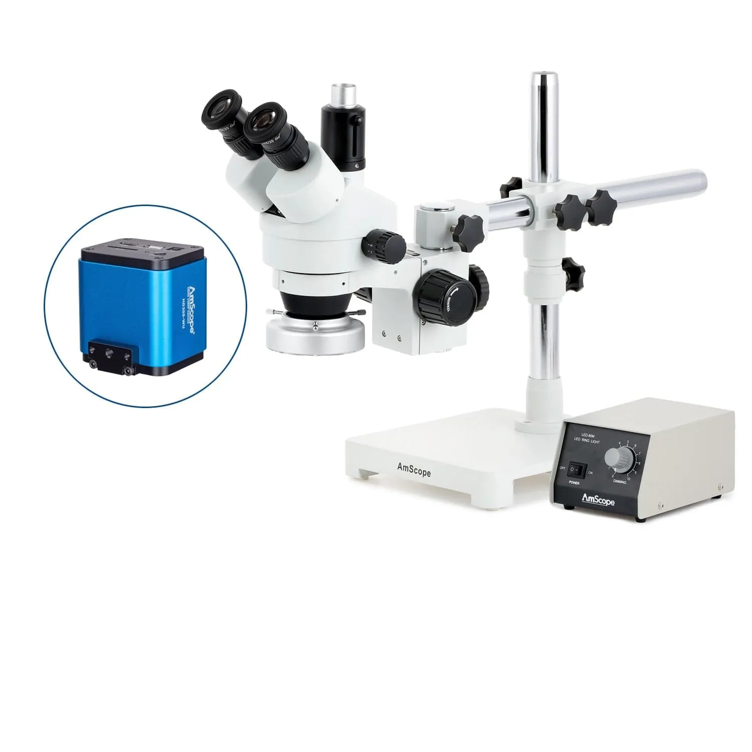 AmScope SM-3 Series Simul-Focal Zoom Trinocular Stereo Microscope with Heavy Duty 80 LED Ring Light and HDMI Camera on Single Arm Boom Stand