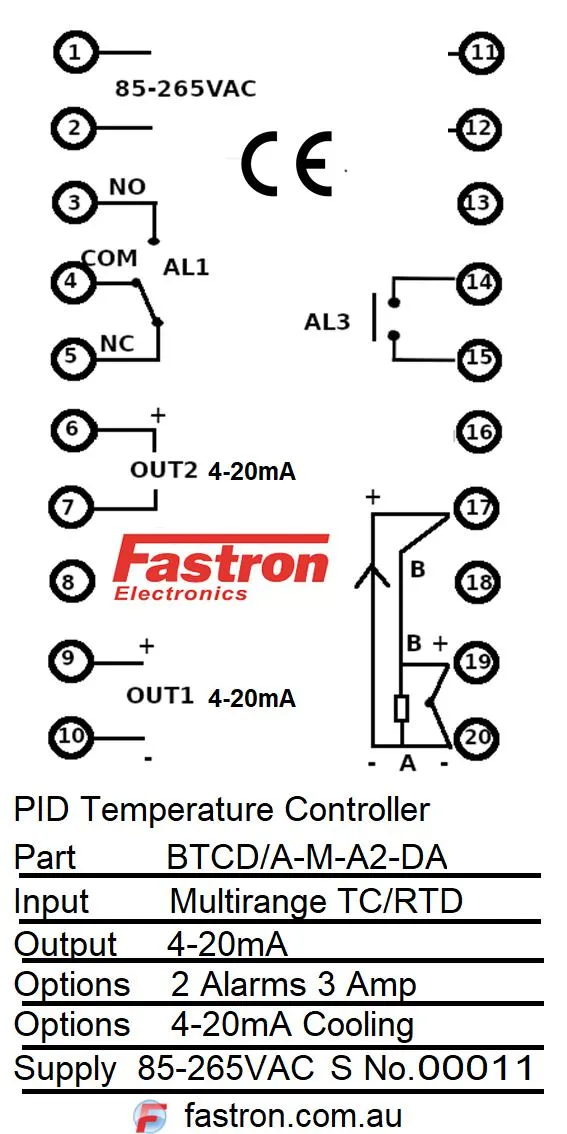 BTCD/A-M-A2-DA, PID Controller 96x96mm, 85-265VAC, 4-20mA output 2 Alarms, 4-20mA Cooling, Multirange TC/RTD/4-20mA Input