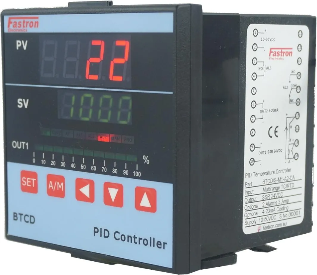 BTCD/A-M-A2-DA-TA, PID Controller 96x96mm, 85-265VAC, 4-20mA output 4-20mA Cooling Output, 2 Alarms, Retransmission, Multirange TC/RTD/4-20mA Input