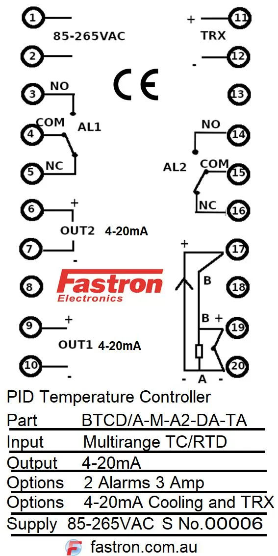 BTCD/A-M-A2-DA-TA, PID Controller 96x96mm, 85-265VAC, 4-20mA output 4-20mA Cooling Output, 2 Alarms, Retransmission, Multirange TC/RTD/4-20mA Input