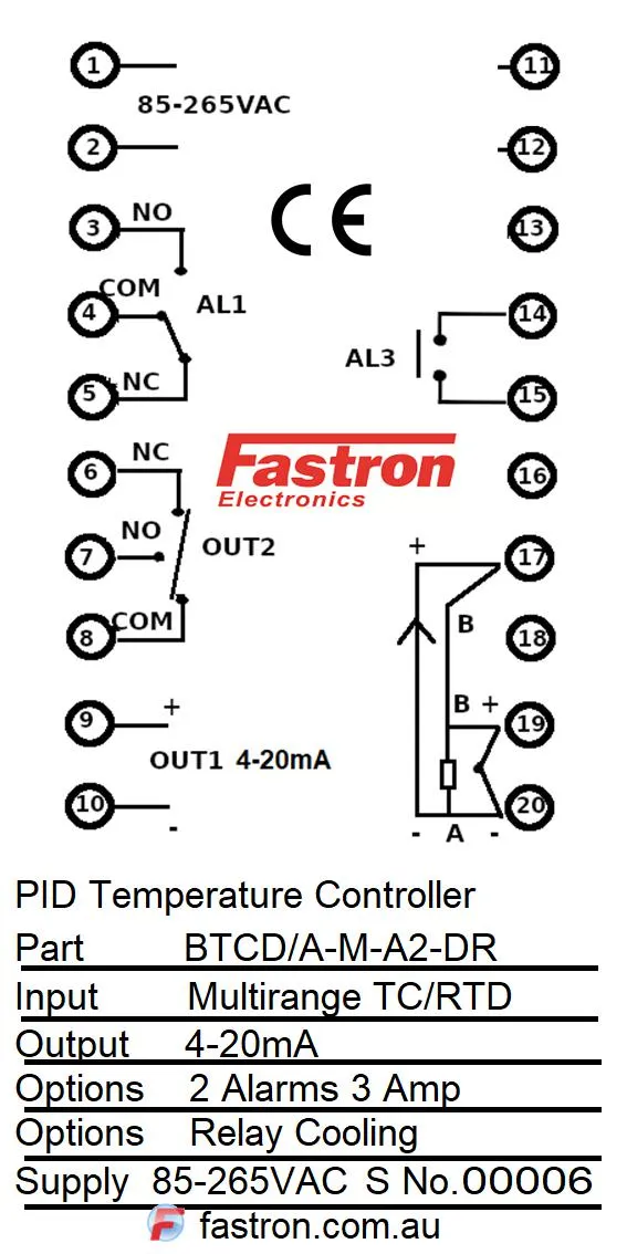 BTCD/A-M-A2-DR, PID Controller 96x96mm, 85-265VAC, 4-20mA output 2 Alarms, Relay Cooling, Multirange TC/RTD/4-20mA Input