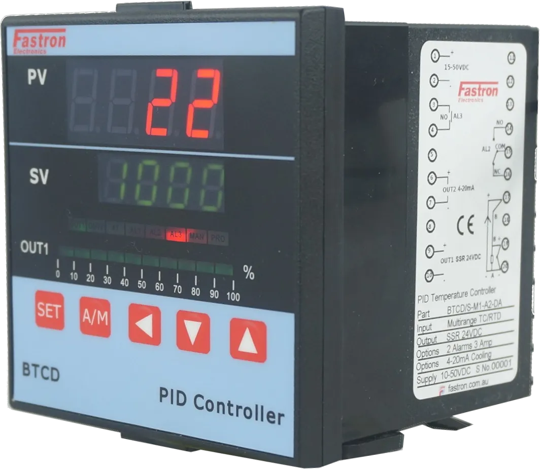 BTCD/A-M1-A2-EI, PID Controller 96x96mm, 15-50VDC, 4-20mA output, 2 Alarms, Retransmission, Multirange TC/RTD/4-20mA Input