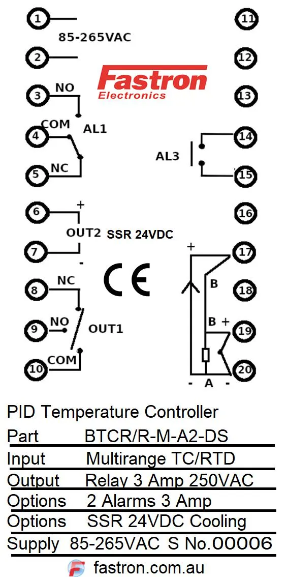 BTCD/R-M-A2-DA, PID Controller 96x96mm, 85-265VAC, Relay Output 2 Alarms, 4-20mA Cooling, Multirange TC/RTD/4-20mA Input
