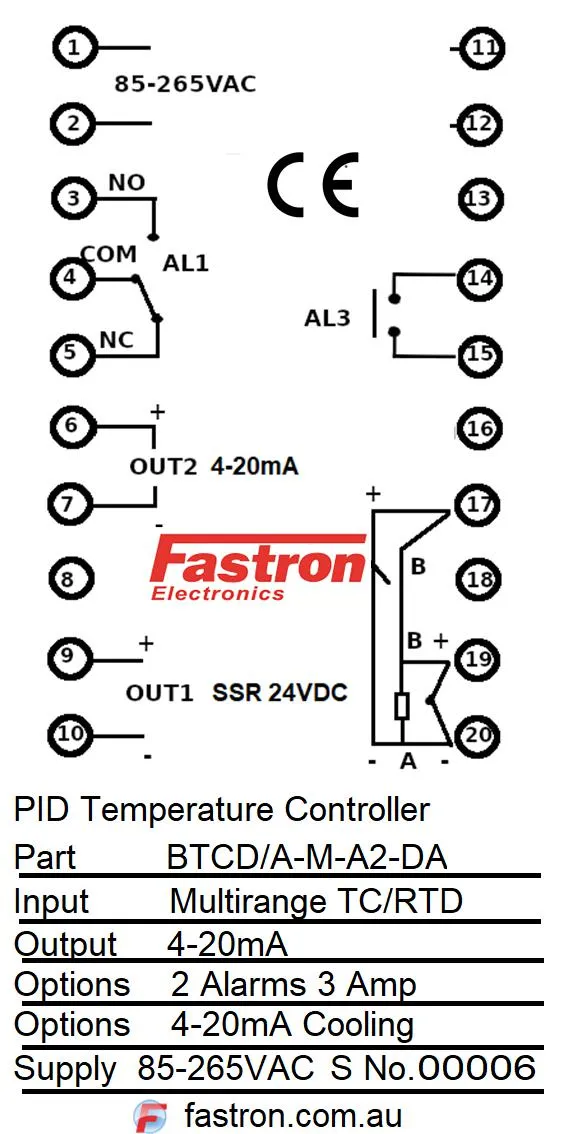 BTCD/S-M-A2-DA, PID Controller 96x96mm, 85-265VAC, SSR output 2 Alarms, 4-20mA Cooling, Multirange TC/RTD/4-20mA Input