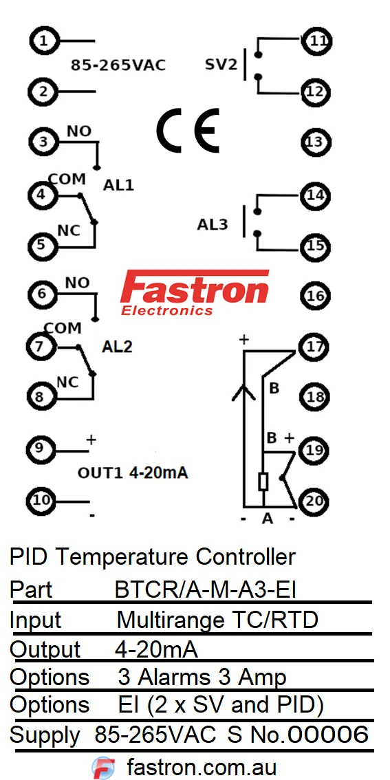 BTCR/A-M-A3-EI, PID Controller 48x96mm, 85-265VAC, 4-20mA output 3 Alarms, Event input (2xSV ), Multirange TC/RTD/4-20mA Input