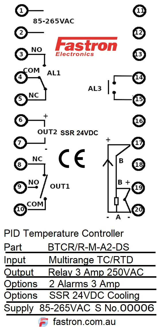 BTCR/R-M-A2-DS, PID Controller 48x96mm, 15-50VDC, Relay Output 2 Alarms, SSR Cooling, Multirange TC/RTD/4-20mA Input