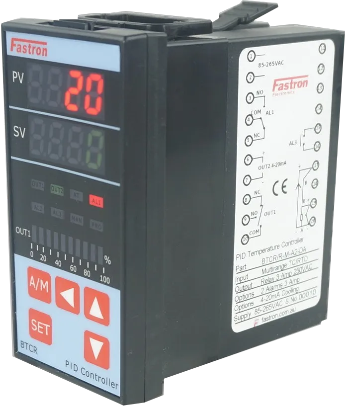 BTCR/R-M-A2-DS, PID Controller 48x96mm, 15-50VDC, Relay Output 2 Alarms, SSR Cooling, Multirange TC/RTD/4-20mA Input
