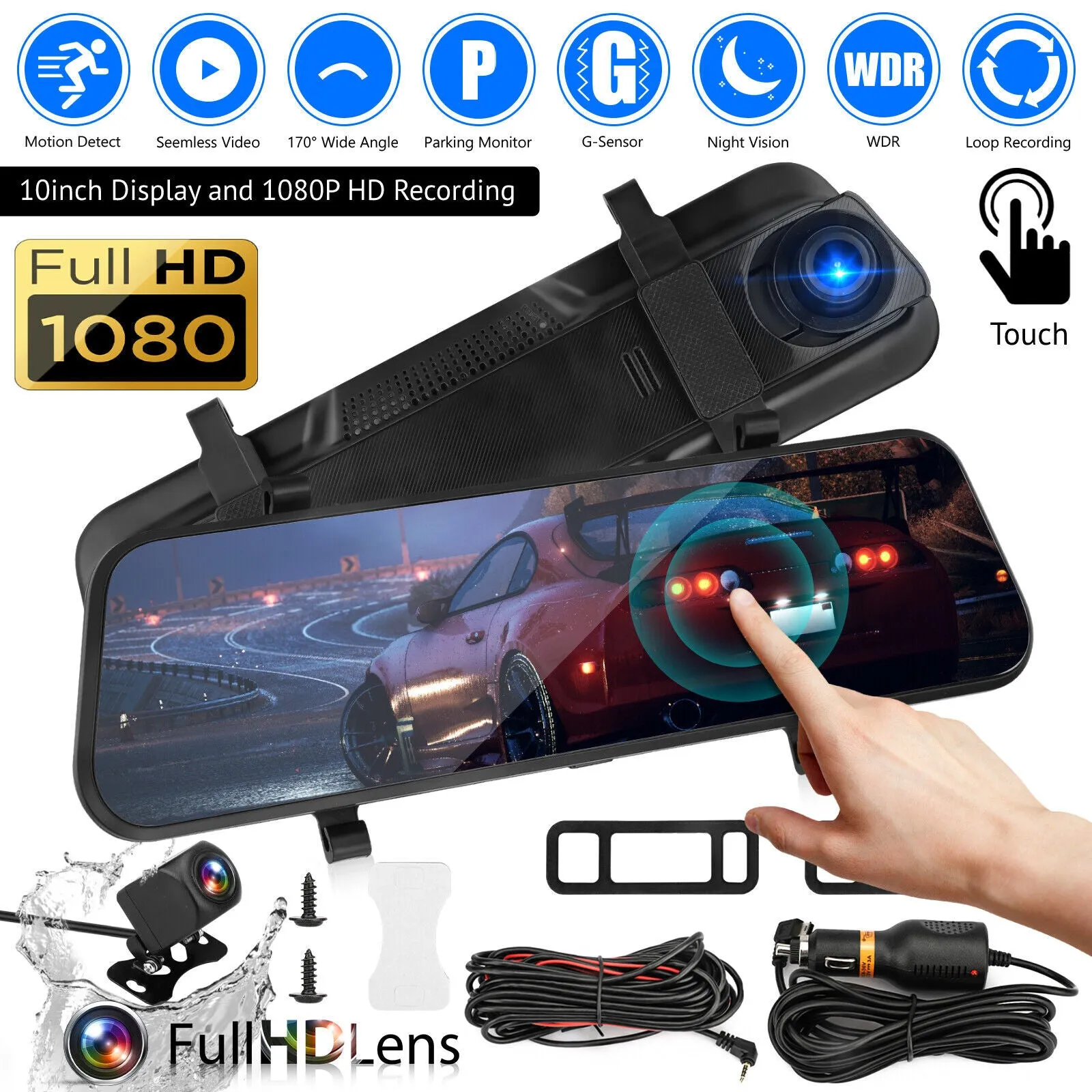 Car Dvr Dash Cam 10 inch Full-Screen Dual-Lens Video Recorder