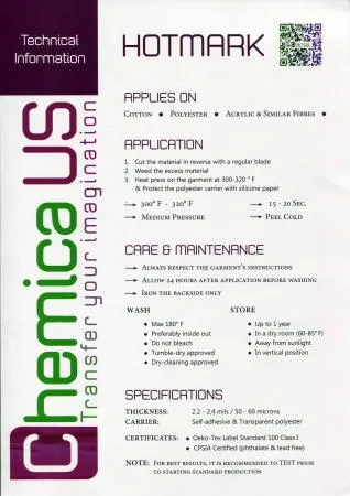 Chemica HotMark Heat Transfer Vinyl Color Chart