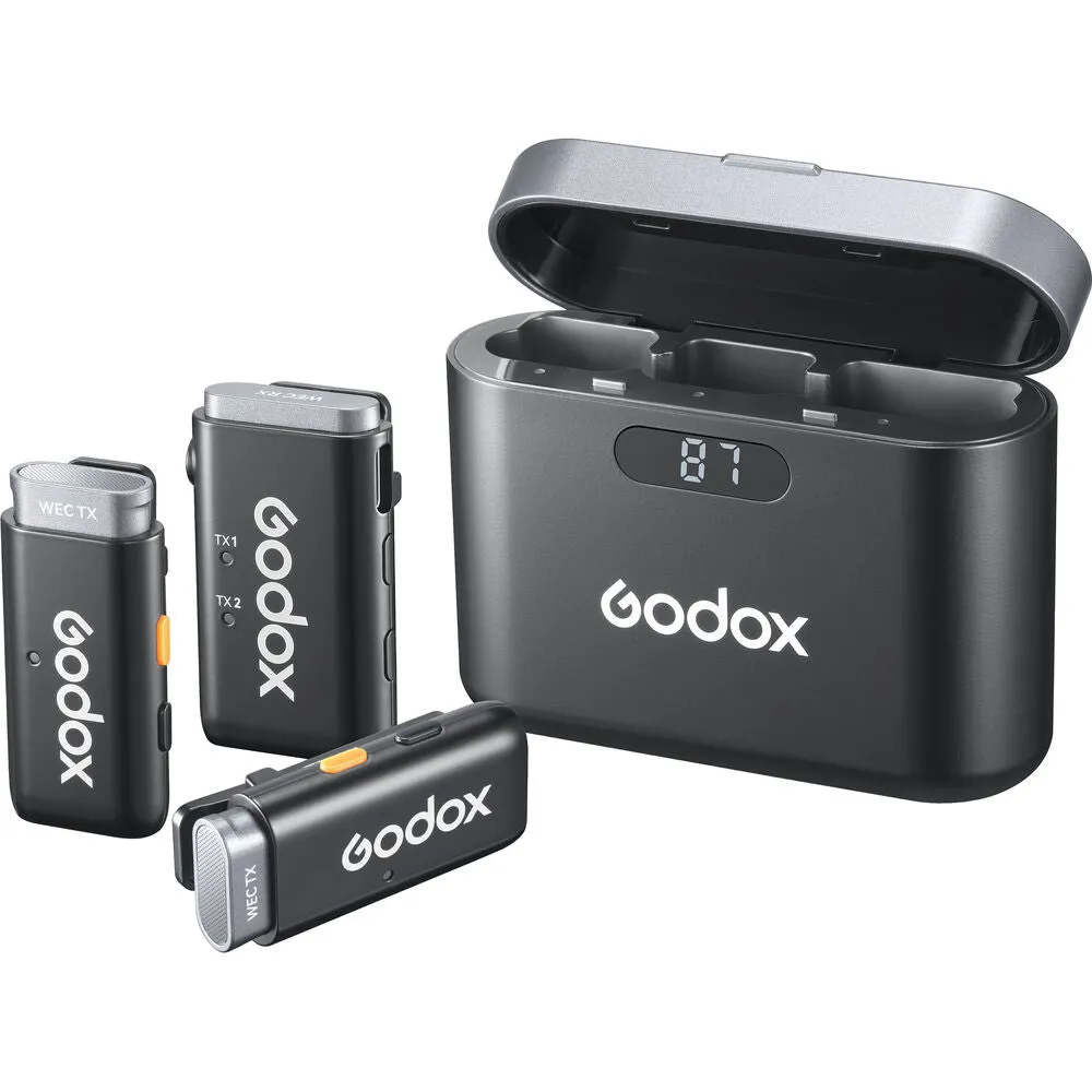 Godox WEC Kit 1 Person / Kit 2 Person 2.4 GHz Wireless Clip-On Lavalier Microphone System with 3.5mm TRS Audio Output, 200m Max Range, Noise Reduction, Dual Channel Receiver, LED Indicators and Type-C Interface for Vlogging, Interview