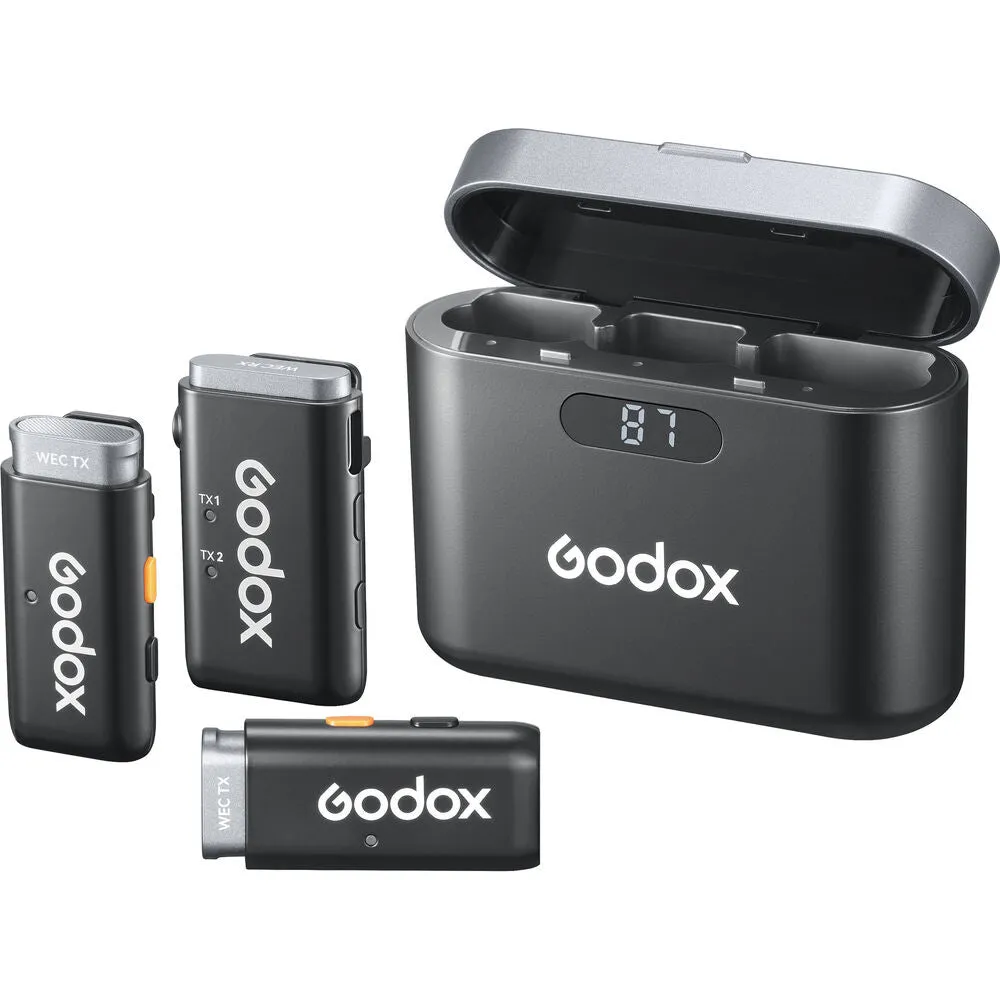 Godox WEC Kit 1 Person / Kit 2 Person 2.4 GHz Wireless Clip-On Lavalier Microphone System with 3.5mm TRS Audio Output, 200m Max Range, Noise Reduction, Dual Channel Receiver, LED Indicators and Type-C Interface for Vlogging, Interview