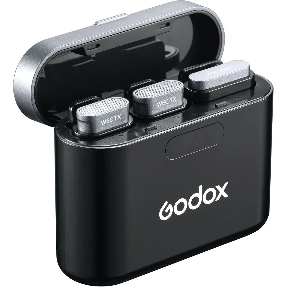 Godox WEC Kit 1 Person / Kit 2 Person 2.4 GHz Wireless Clip-On Lavalier Microphone System with 3.5mm TRS Audio Output, 200m Max Range, Noise Reduction, Dual Channel Receiver, LED Indicators and Type-C Interface for Vlogging, Interview