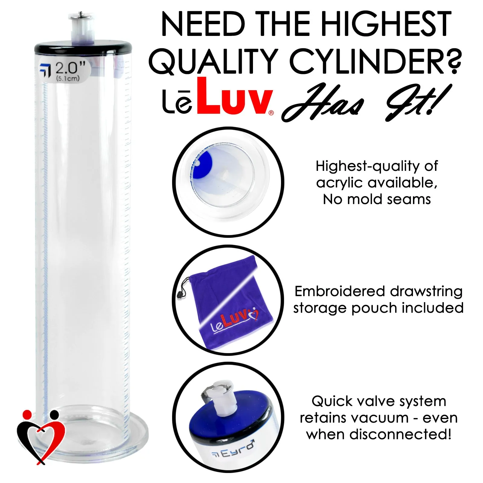 LeLuv Primo Lite Penis Pump -  Vacuum and Inflator Handle - Wide Flange Cylinder Options