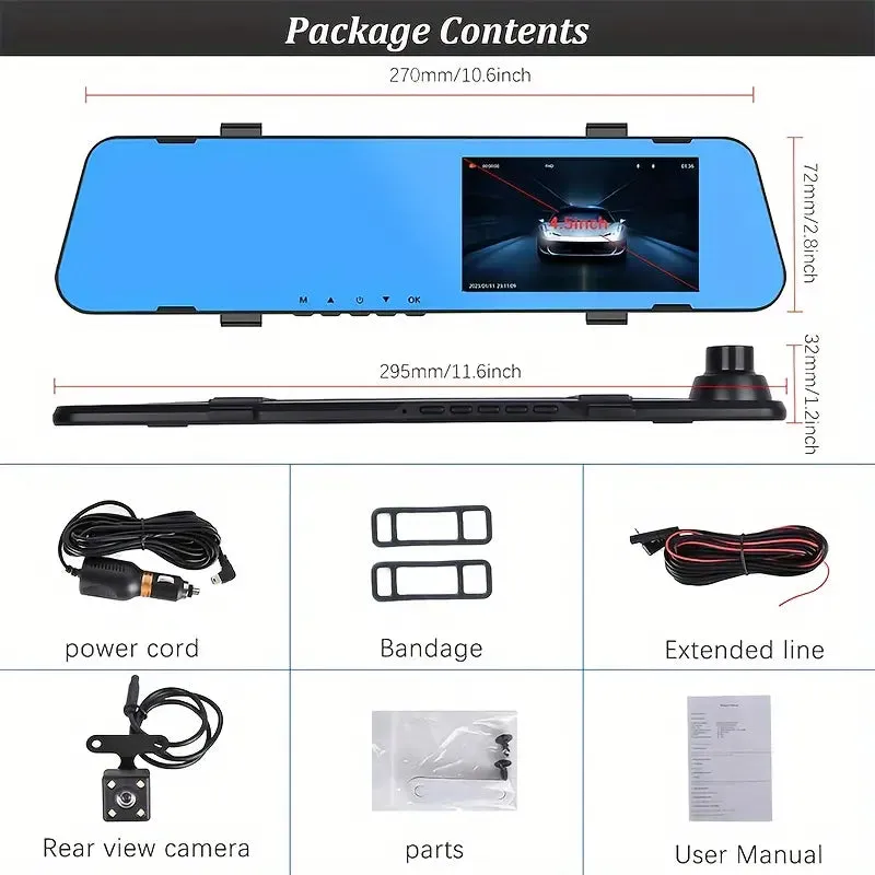 Mirror Dash Cam 4.5 Inch Rear View Mirror 1080P Front and Rear View Dual Cameras