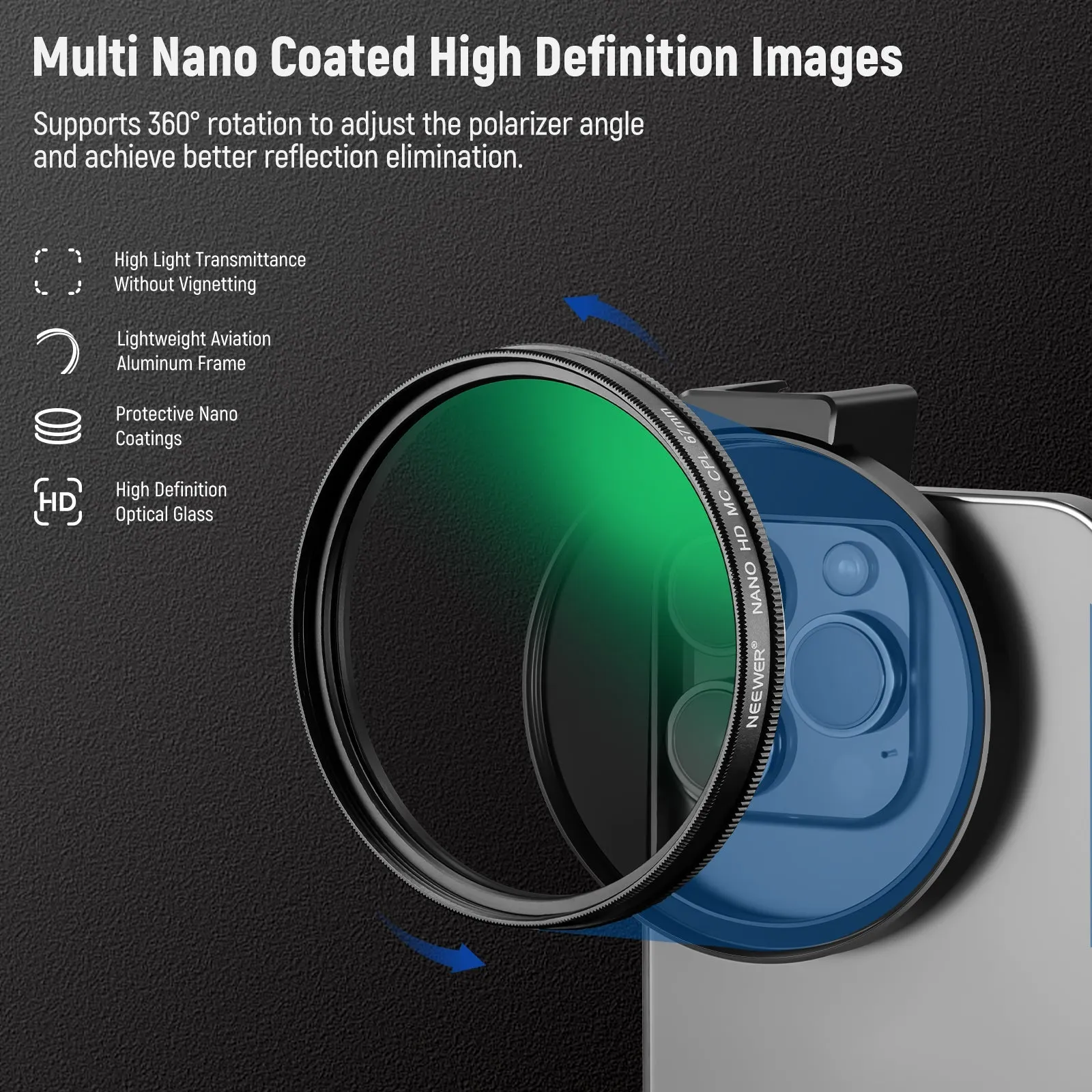 NEEWER FL-41 67mm CPL Filter for Cell Phone Camera Lens（S24 compatible）