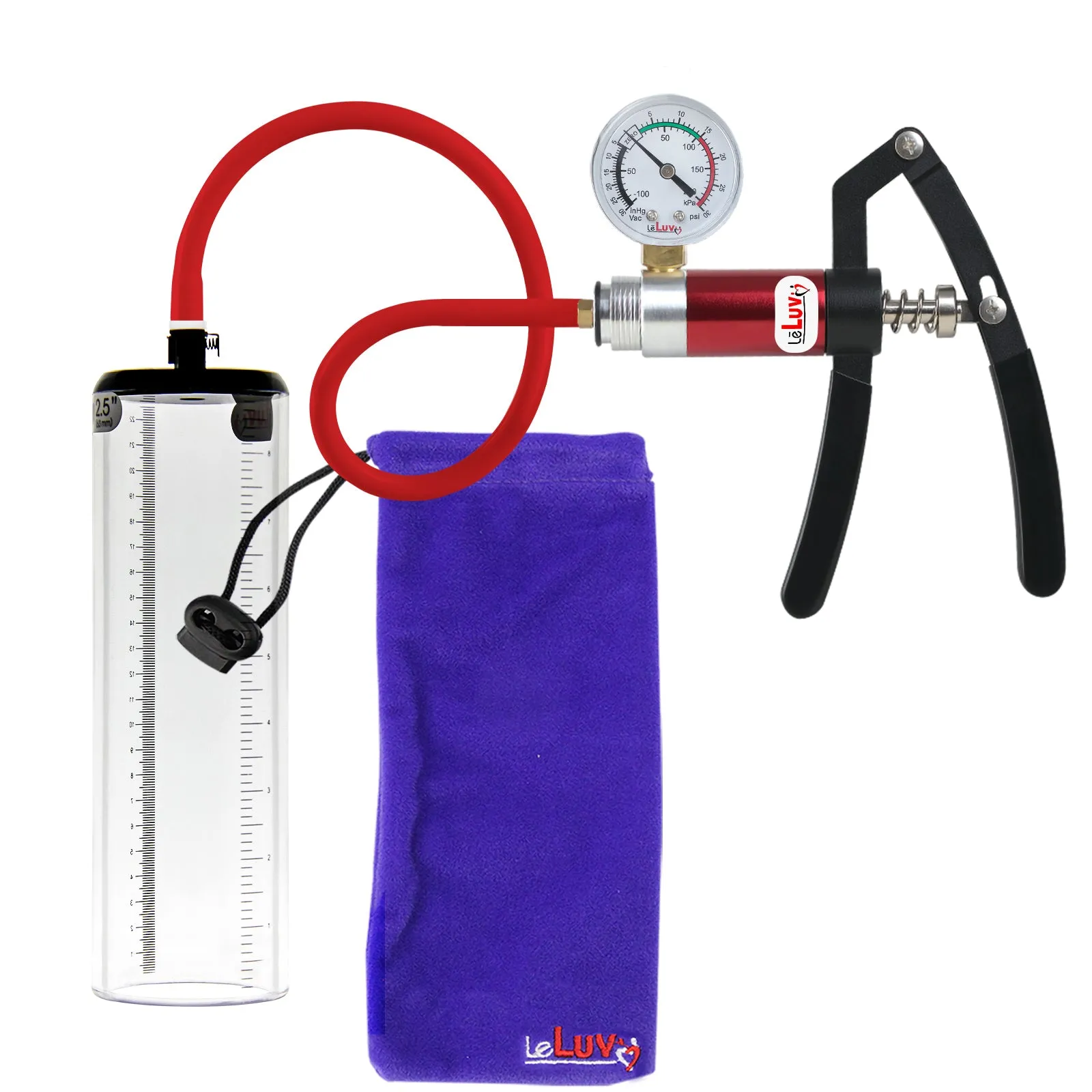 Primo Lite Handle Penis Pump   Gauge, Silicone Hose | Thick Wall, No Flange Cylinder
