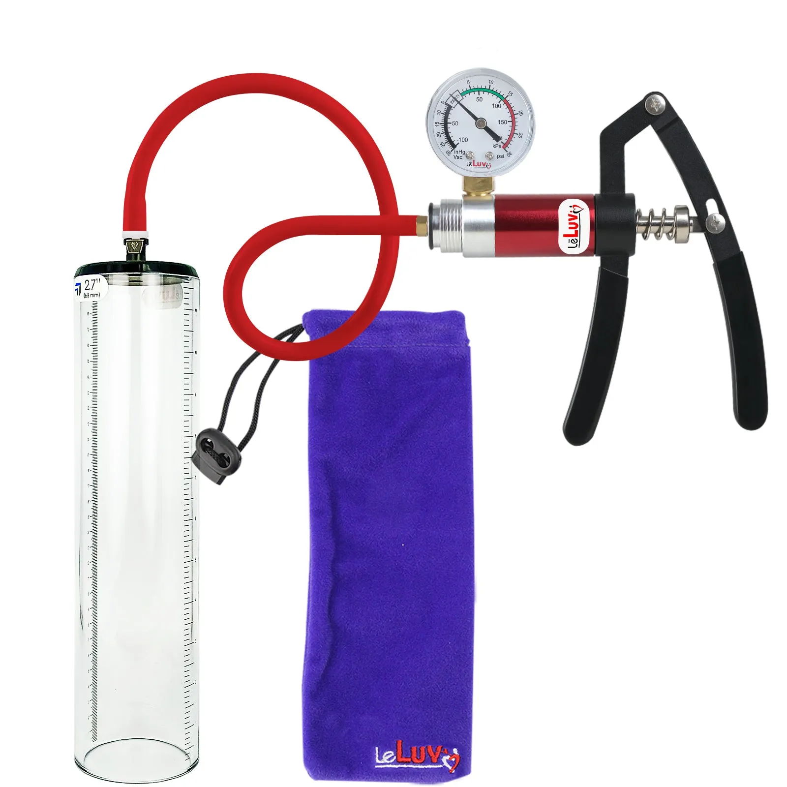 Primo Lite Handle Penis Pump   Gauge, Silicone Hose | Thick Wall, No Flange Cylinder