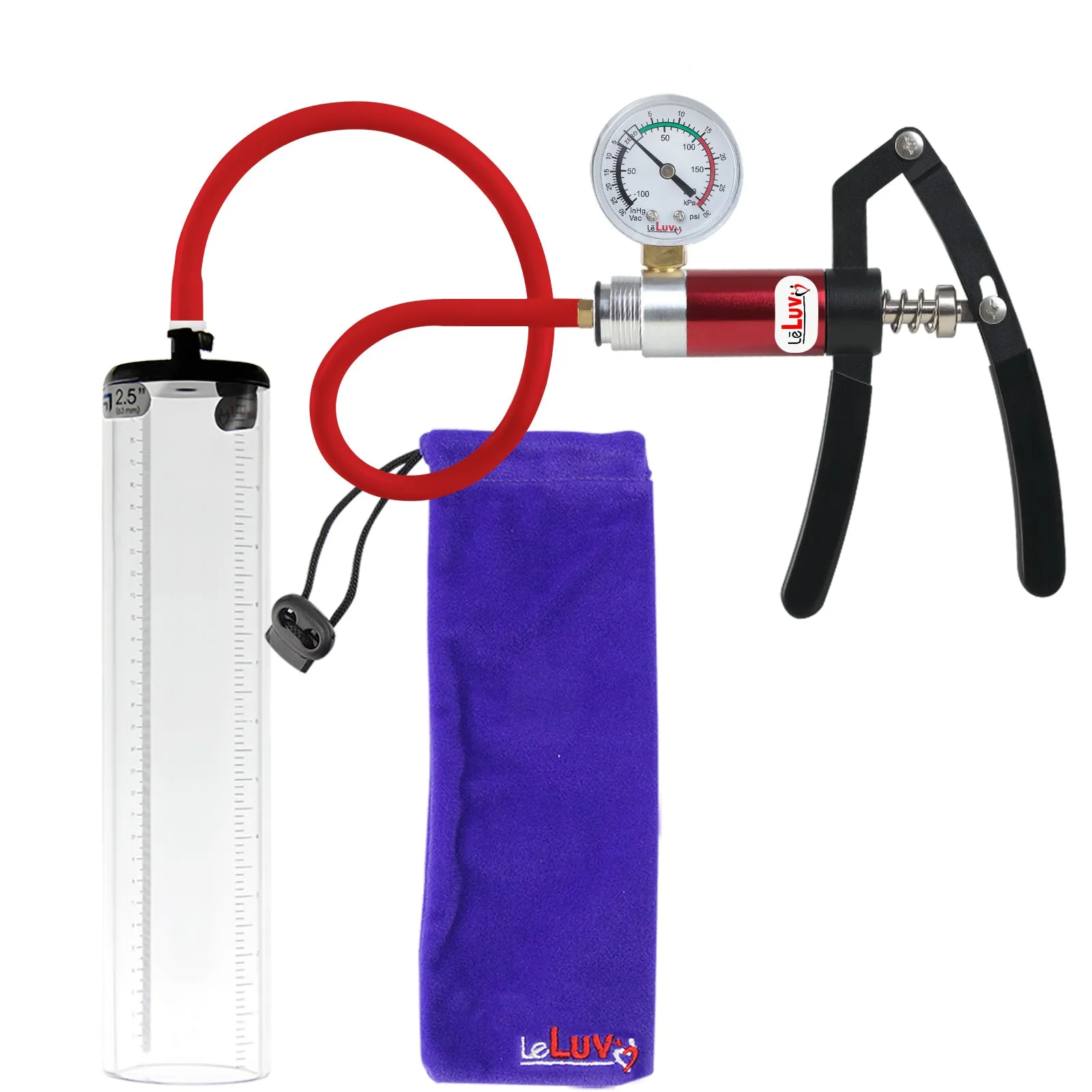 Primo Lite Handle Penis Pump   Gauge, Silicone Hose | Thick Wall, No Flange Cylinder