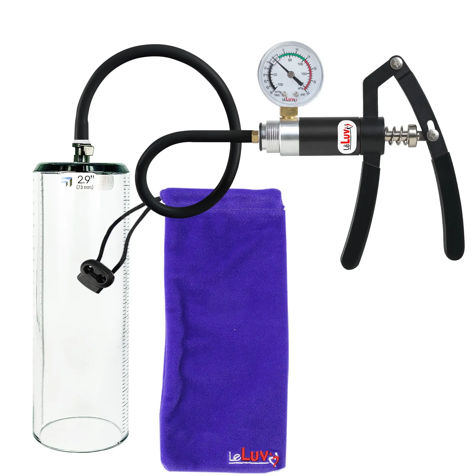 Primo Lite Handle Penis Pump   Gauge, Silicone Hose | Thick Wall, No Flange Cylinder