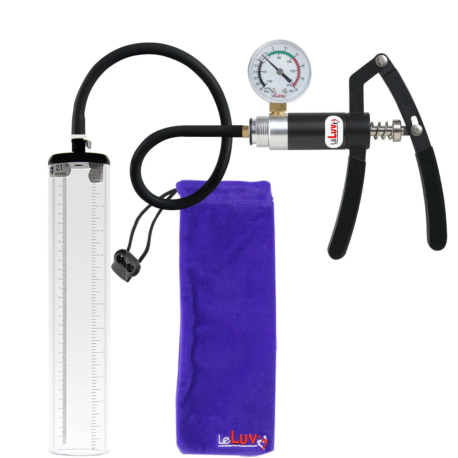 Primo Lite Handle Penis Pump   Gauge, Silicone Hose | Thick Wall, No Flange Cylinder