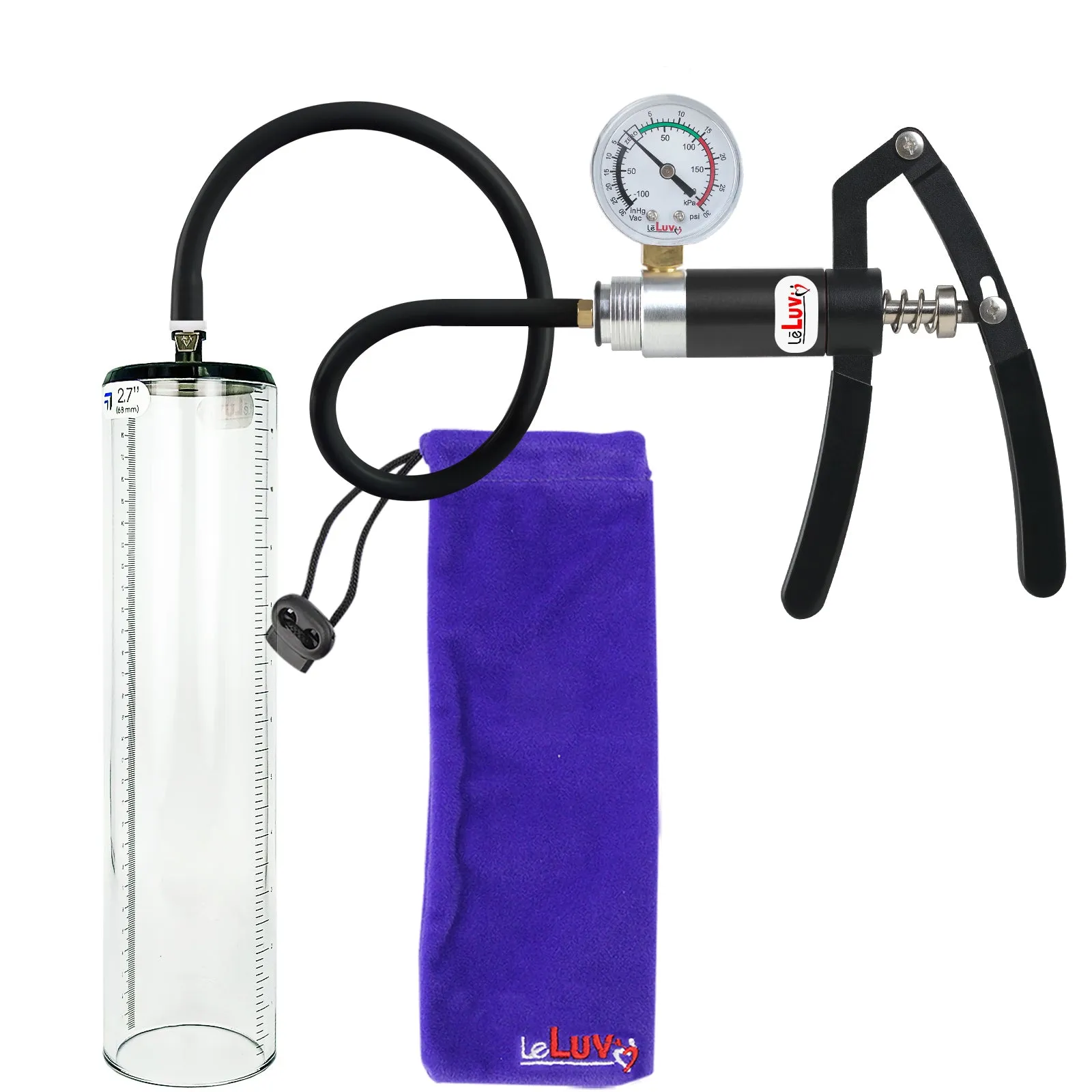 Primo Lite Handle Penis Pump   Gauge, Silicone Hose | Thick Wall, No Flange Cylinder