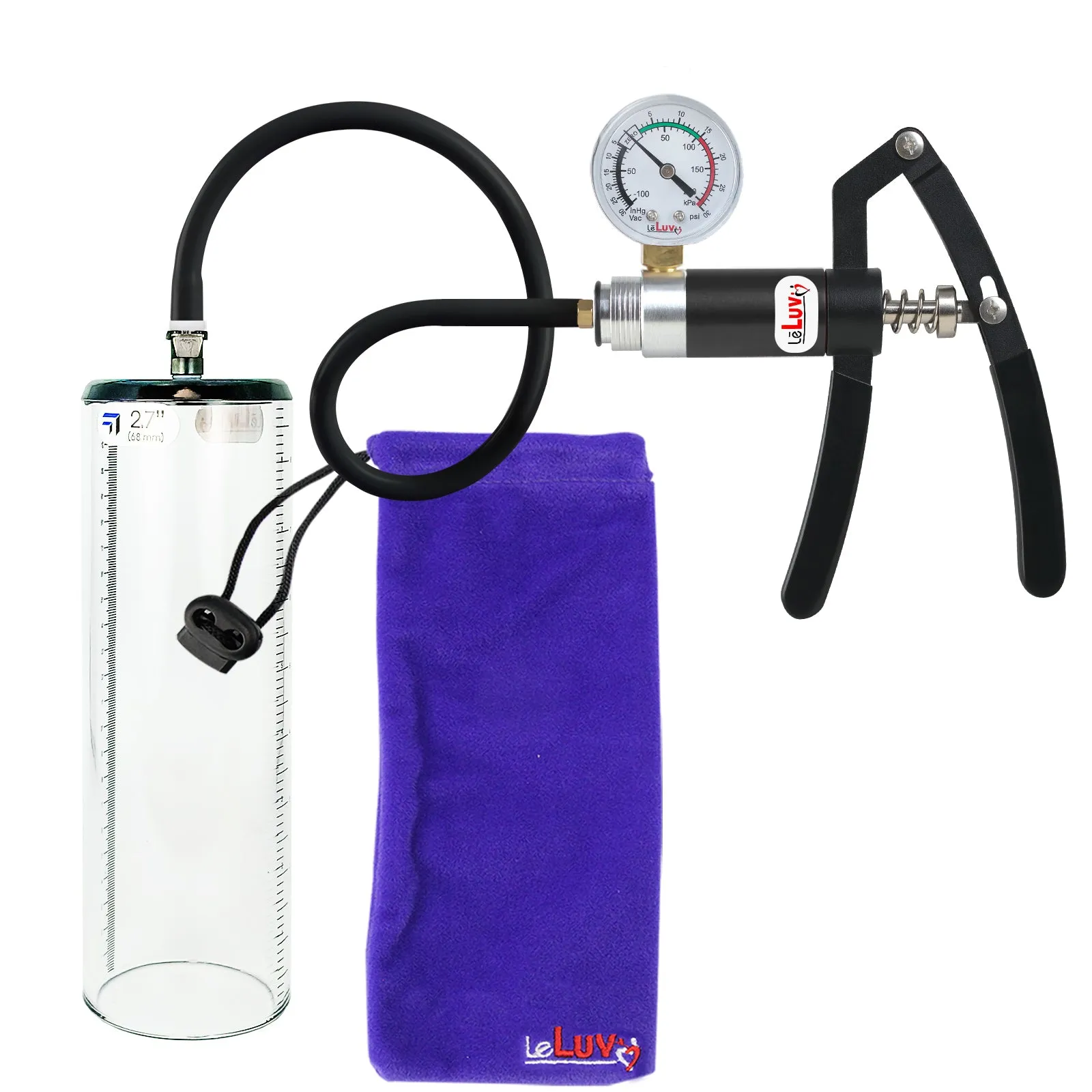 Primo Lite Handle Penis Pump   Gauge, Silicone Hose | Thick Wall, No Flange Cylinder