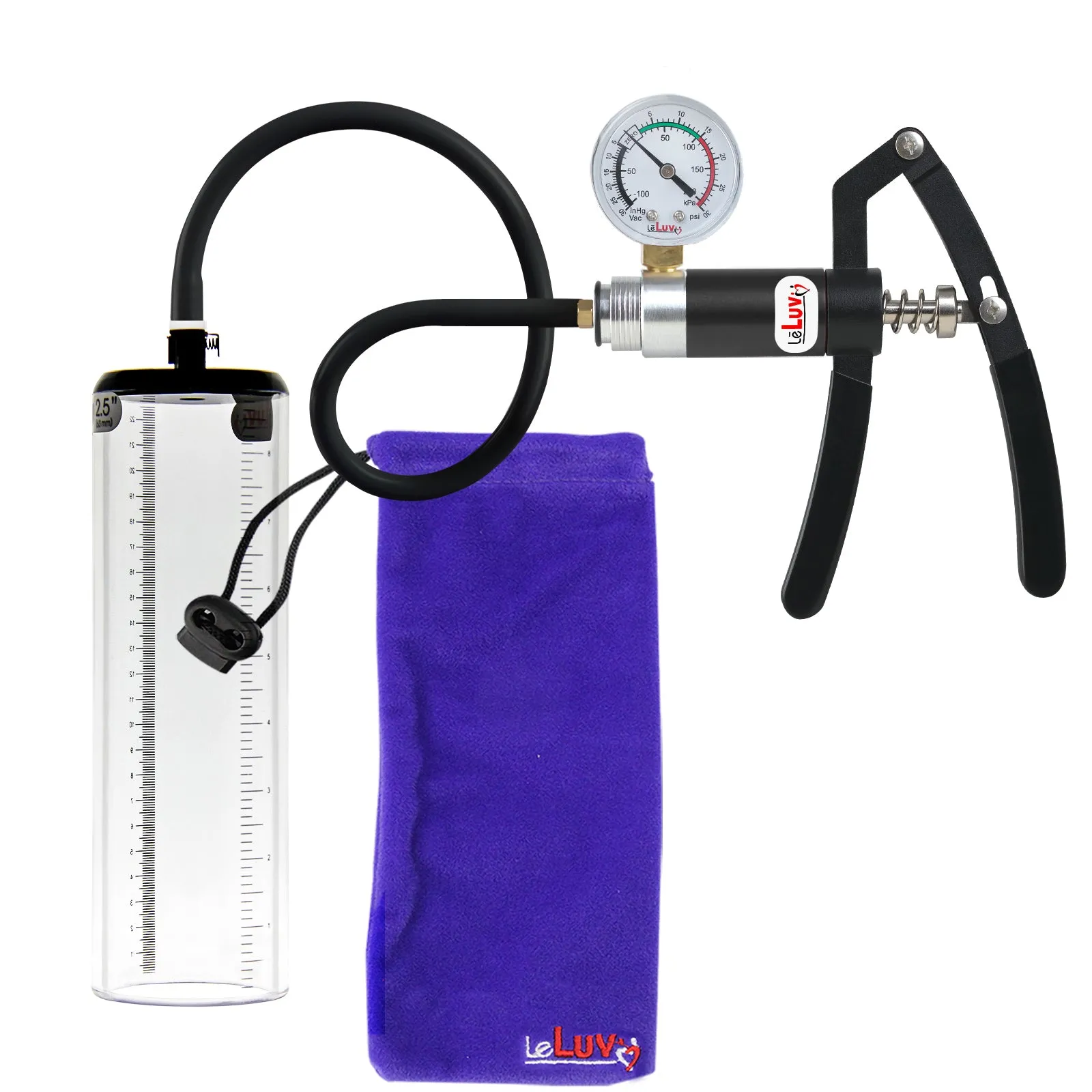 Primo Lite Handle Penis Pump   Gauge, Silicone Hose | Thick Wall, No Flange Cylinder