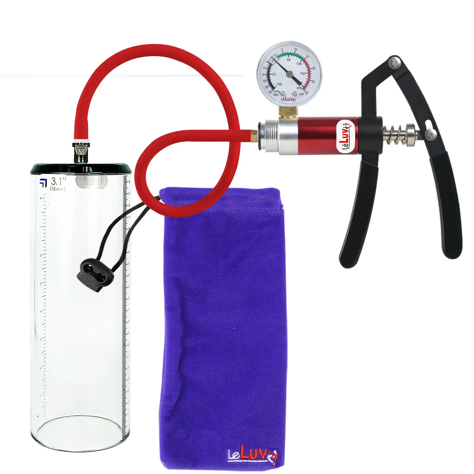 Primo Lite Handle Penis Pump   Gauge, Silicone Hose | Thick Wall, No Flange Cylinder