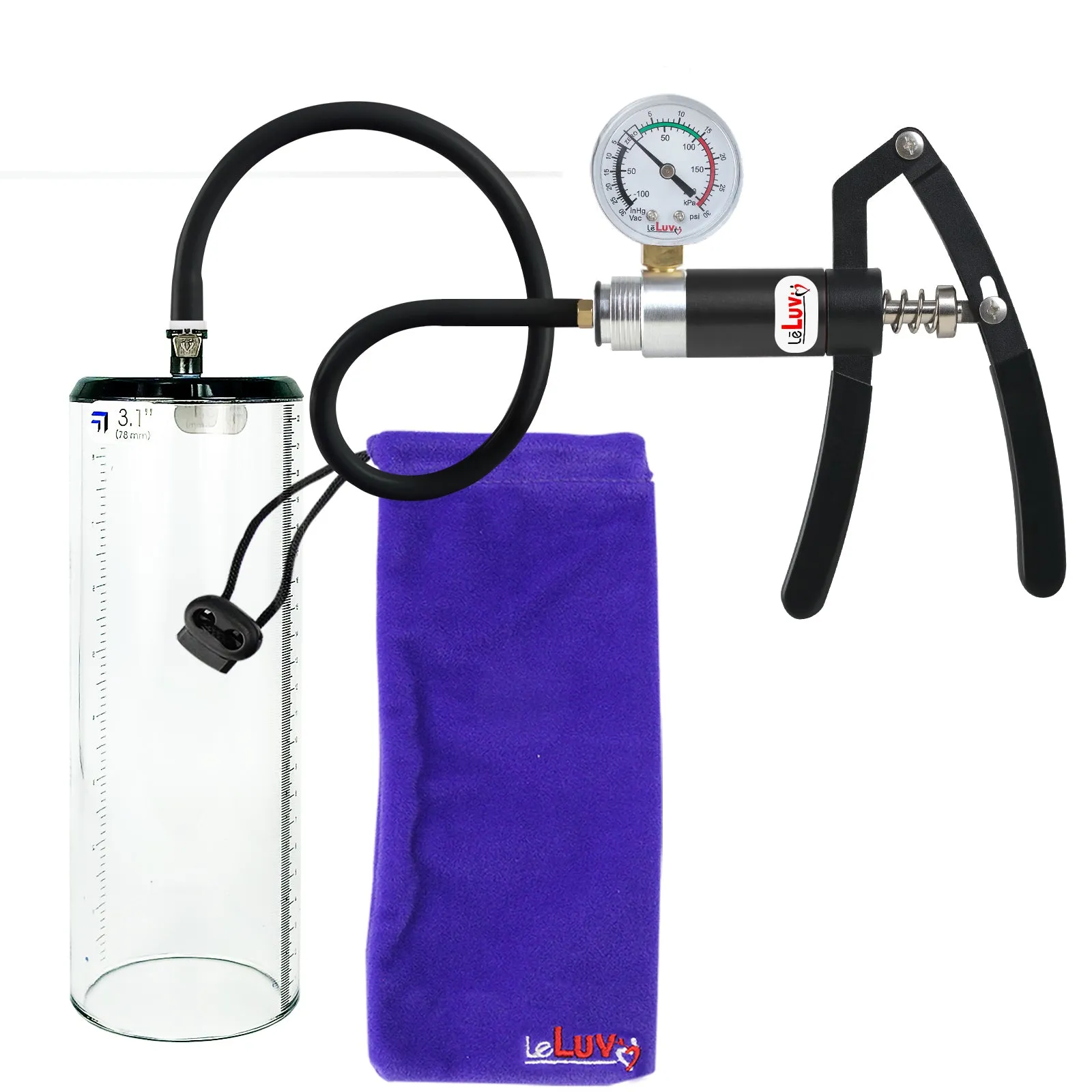 Primo Lite Handle Penis Pump   Gauge, Silicone Hose | Thick Wall, No Flange Cylinder