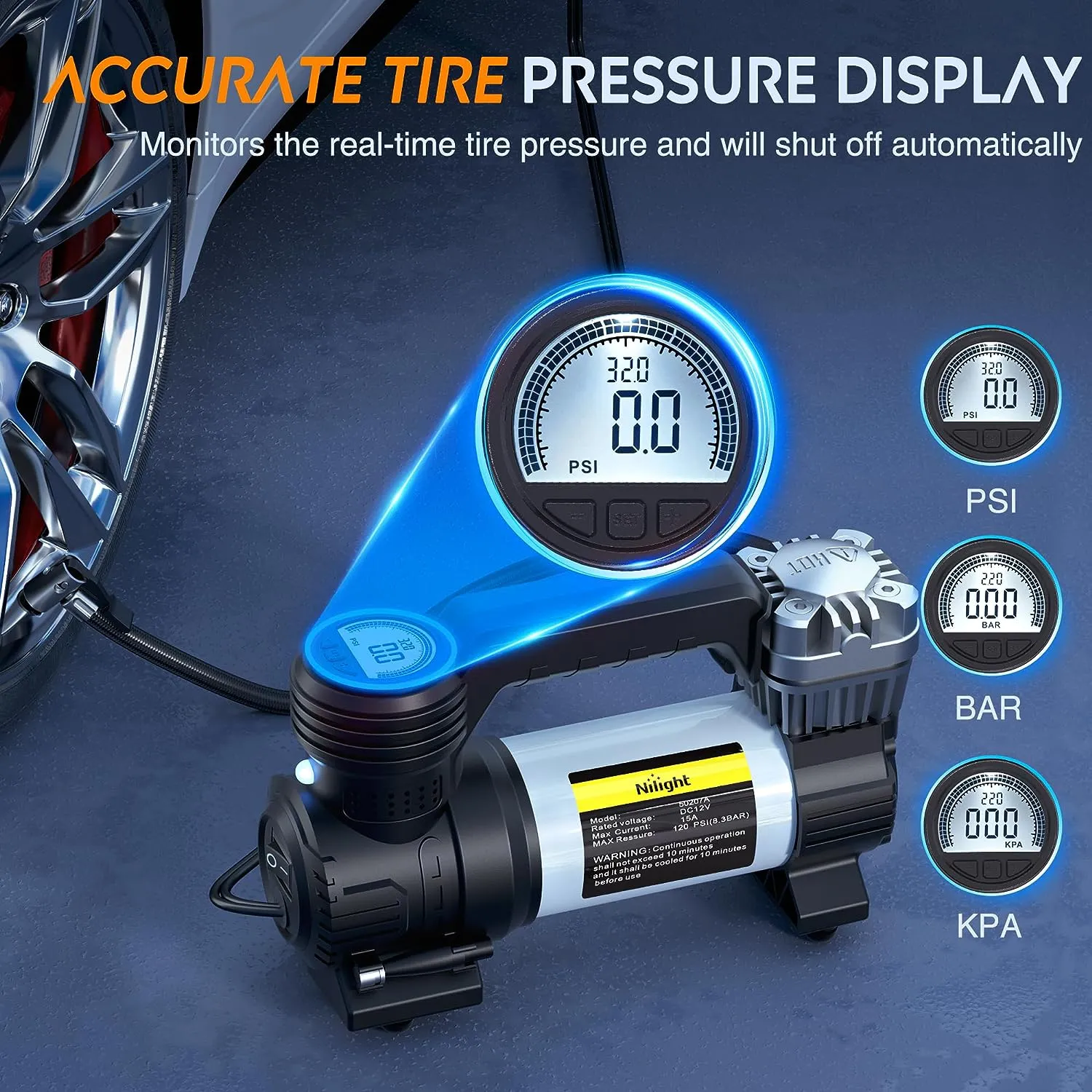 Tire Inflator Fast Air Compressor Double Cylinder Digital 120PSI