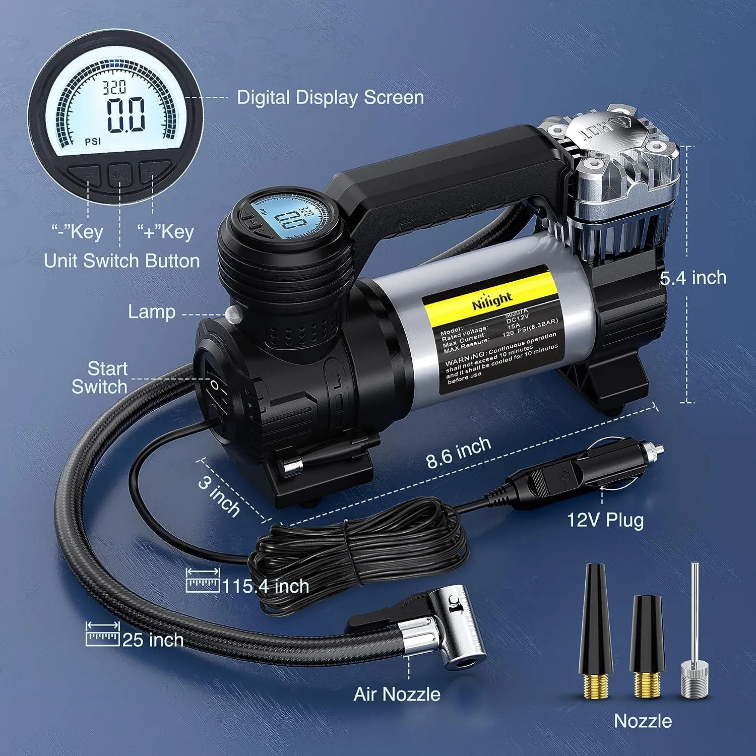 Tire Inflator Fast Air Compressor Double Cylinder Digital 120PSI