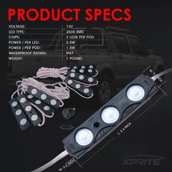 Xprite 8 LED Rock Light Pods Truck Bed Lighting Kit w/ Switch - Blue/Green/Purple/Pink/Red/White/Yellow